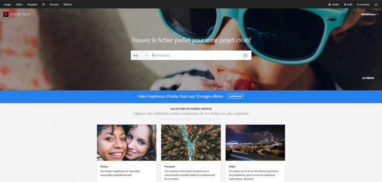 Vendre ses photos sur Adobe Stock : la page d’accueil telle qu’elle apparaissait en 2019, avec sa barre de recherche et des catégories de photos