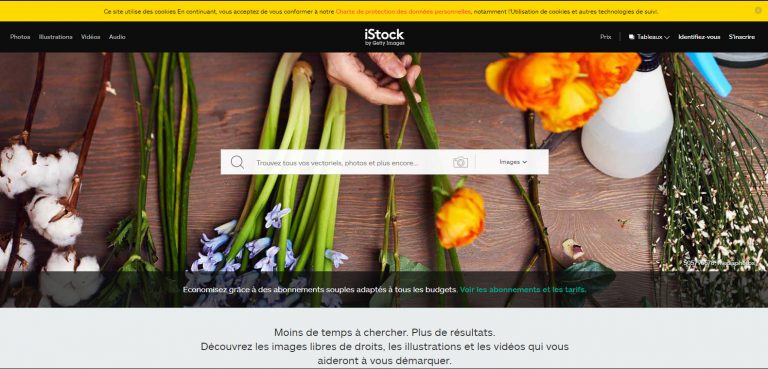 Page d’accueil d’iStock en 2019, avec une photo de fleurs et une barre de recherche