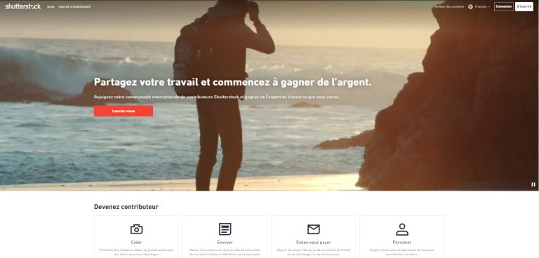 Page d’inscription des contributeurs Shutterstock telle qu’elle apparaissait en 2019, avec un photographe face à un paysage