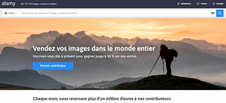 Vendre ses photos sur Alamy : la page contributeur de 2019, promettant jusqu’à 50 % des ventes, avec un photographe au coucher du soleil