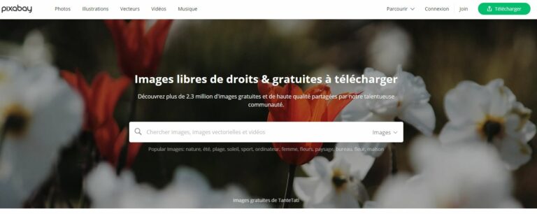 Page d’accueil de Pixabay avec la mention images libres de droits et gratuites à télécharger