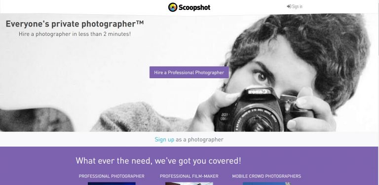 Page d’accueil de Scoopshot en 2019, proposant d’engager un photographe professionnel en moins de deux minutes