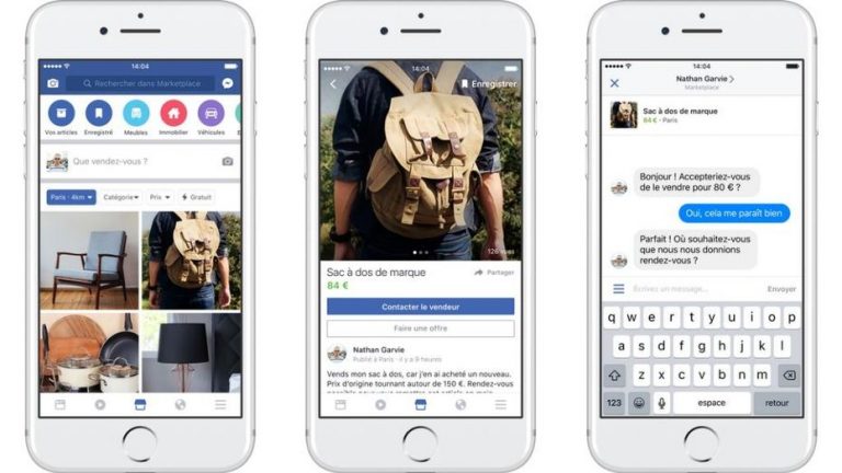 Facebook Marketplace sur iPhone : annonce d’un sac à dos et négociation avec un acheteur, typique de l’achat revente en main propre