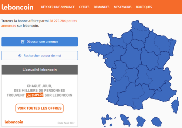 Page d’accueil de Leboncoin en 2019, site de petites annonces utilisé pour l’achat revente local