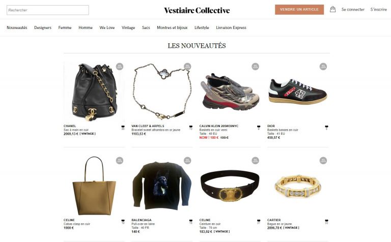 Catalogue de Vestiaire Collective en 2019 avec des sacs et accessoires de luxe, une plateforme de revente spécialisée