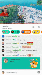 Live YouTube sur smartphone avec des Super Chats de 5 et 20 dollars mis en avant et un Super Sticker animé dans le chat