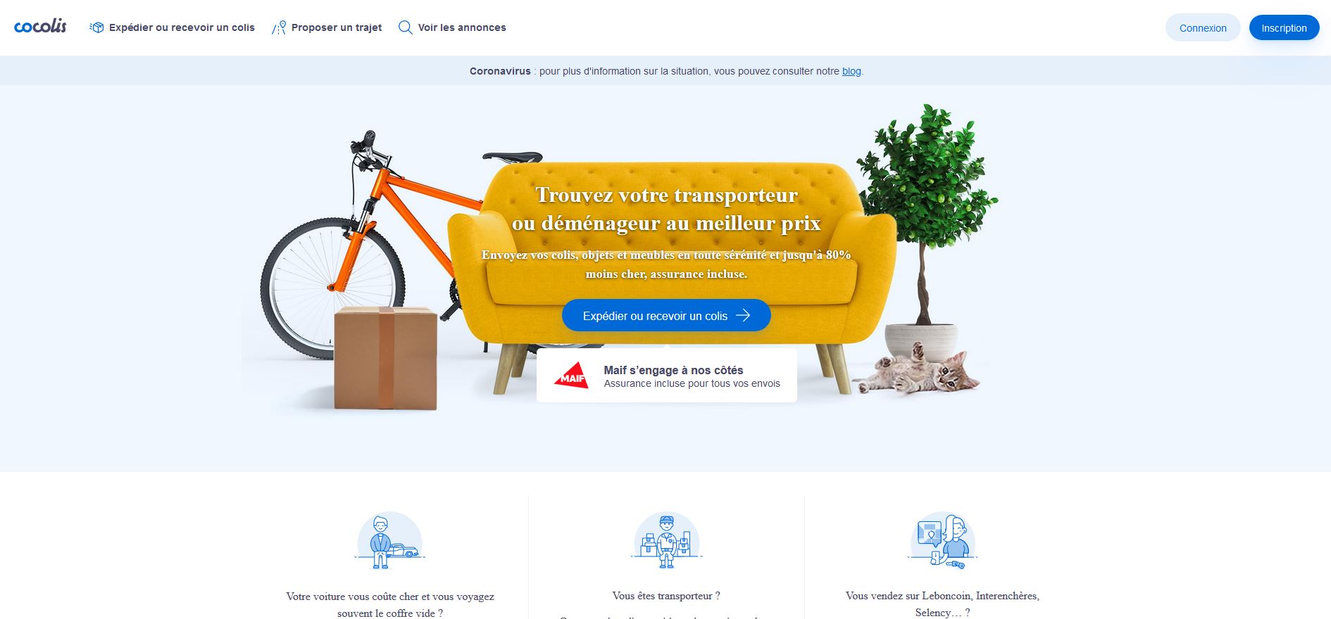 Ancienne page d'accueil du site Cocolis, service de transport de colis entre particuliers