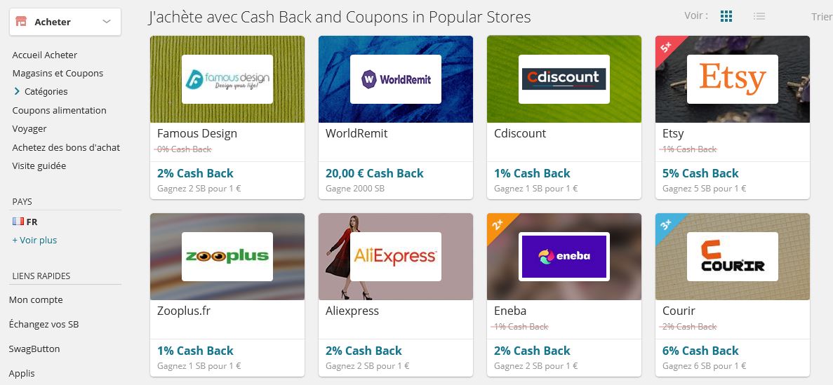 Cashback Swagbucks en 2022, quand le site était en français : Cdiscount 1 %, AliExpress 2 %, Etsy 5 %, Courir 6 %, gagnez 1 SB pour 1 euro