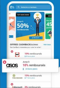 Application eBuyClub affichant des offres de cashback, utile pour réduire le prix d’achat en achat revente