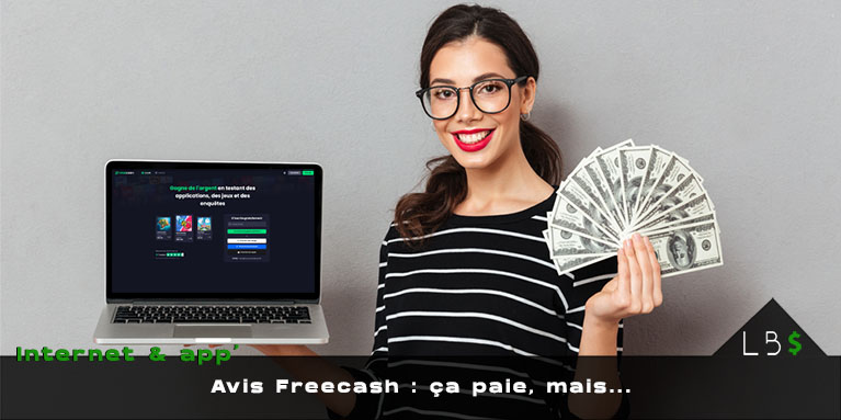 Avis Freecash 2026 avec une femme tenant des dollars devant le site Freecash