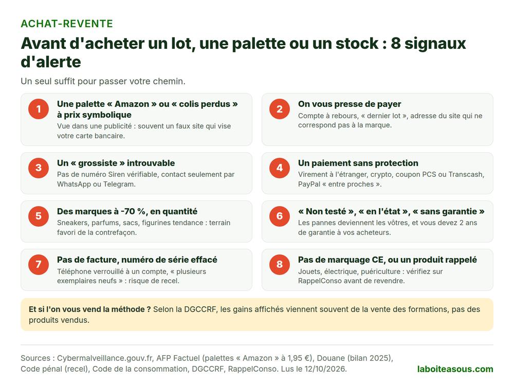 8 signaux d’alerte avant d’acheter un lot ou une palette en achat revente : palette Amazon à prix symbolique, urgence, grossiste introuvable, paiement sans protection, marques à -70 %, non testé, sans facture, sans marquage CE