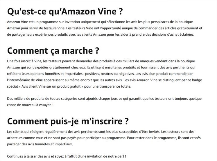 Page officielle Amazon Vine : programme sur invitation uniquement, produits expédiés gratuitement, avis signalés par le badge Avis client Vine sur un produit gratuit, testeurs non payés
