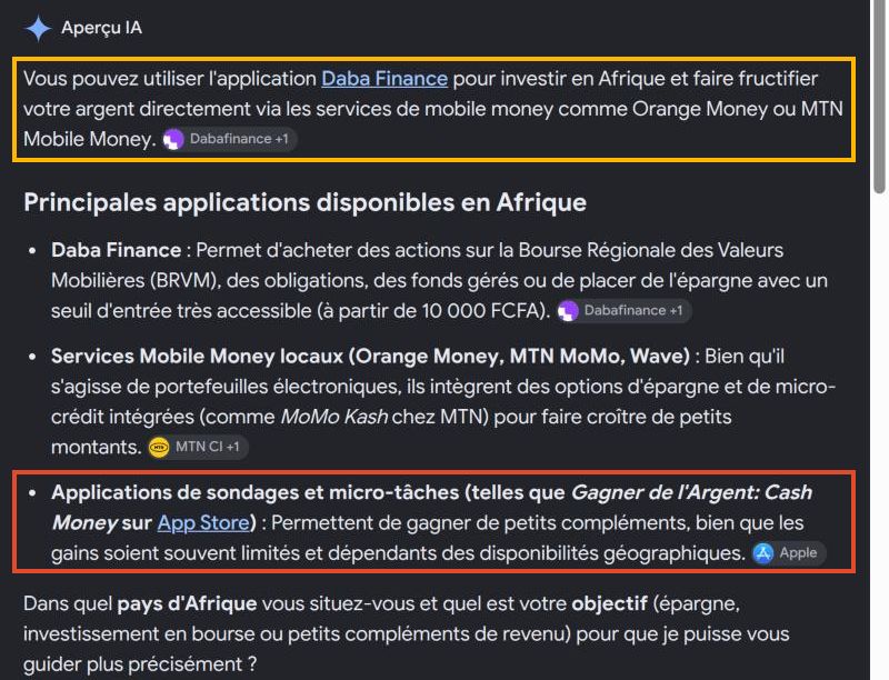 Aperçu IA de Google qui recommande l’appli Cash Money et Daba Finance pour gagner de l’argent en Afrique