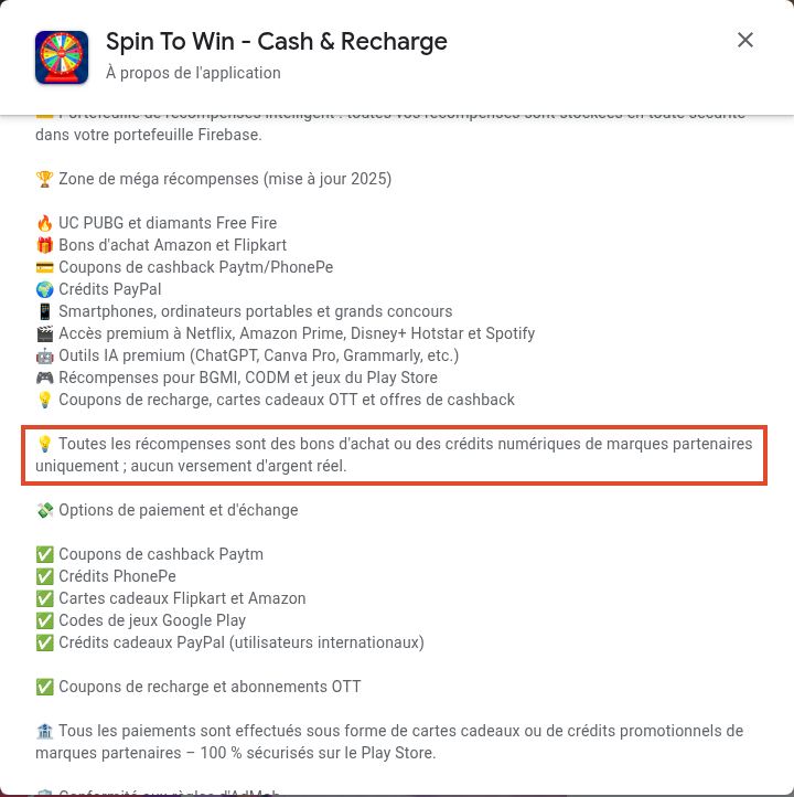 Fiche Google Play de Spin To Win, qui précise ne verser aucun argent réel