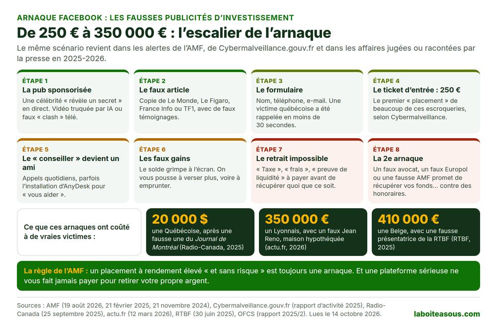 Arnaque Facebook : infographie des 8 étapes d’une fausse publicité d’investissement, de la publicité avec une célébrité au faux article, au formulaire, au dépôt de 250 euros, au faux conseiller, aux faux gains, au retrait impossible et à l’arnaque à la récupération. Pertes de vraies victimes : 20 000 dollars au Québec, 350 000 euros à Lyon, 410 000 euros en Belgique