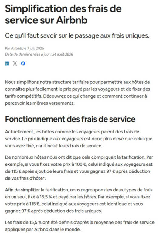Capture de la page Airbnb Simplification des frais de service, publiée le 7 juillet 2026 : un frais unique de 15,5 pour cent payé par l'hôte, à connaître pour arrondir ses fins de mois en louant son logement