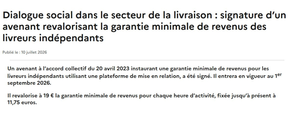 Capture du site de l'ARPE, utile pour arrondir ses fins de mois en livrant à vélo : depuis le 1er septembre 2026, la garantie minimale de revenus des livreurs indépendants passe à 19 euros par heure d'activité, contre 11,75 euros auparavant