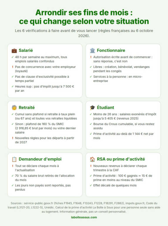Infographie : arrondir ses fins de mois, ce qui change selon votre situation. Salarié : 48 heures par semaine au maximum, loyauté envers l'employeur, heures supplémentaires exonérées jusqu'à 7 500 euros par an. Fonctionnaire : autorisation écrite préalable. Retraité : cumul emploi-retraite intégral ou plafonné à 160 pour cent du SMIC. Étudiant : salaires exonérés jusqu'à 5 405 euros. Demandeur d'emploi : 70 pour cent du salaire brut retirés de l'allocation. RSA ou prime d'activité : déclaration trimestrielle