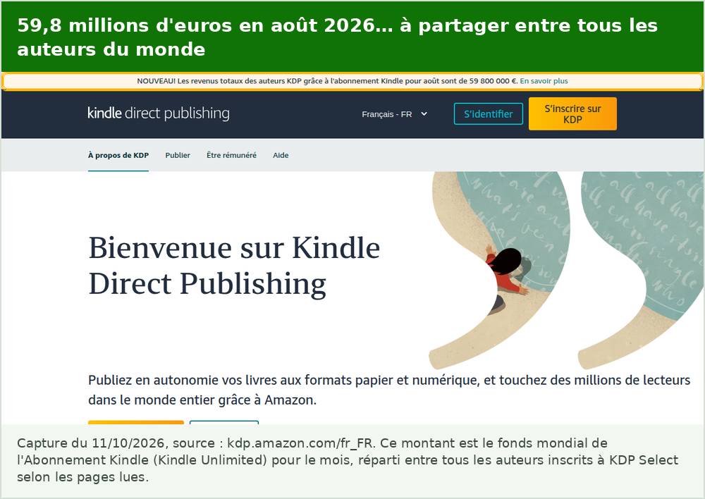 Page d’accueil Amazon KDP le 11 octobre 2026 : les revenus des auteurs grâce à l’Abonnement Kindle pour août 2026 s’élèvent à 59 800 000 euros