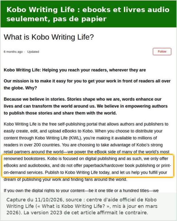 Centre d’aide de Kobo Writing Life : la plateforme ne propose que des ebooks et des livres audio, pas d’impression papier à la demande
