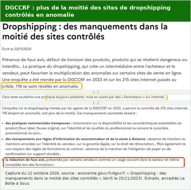 Enquête de la DGCCRF sur le dropshipping : 116 sites en anomalie sur 215 contrôlés et rédaction de faux avis présentée comme conseillée lors des formations