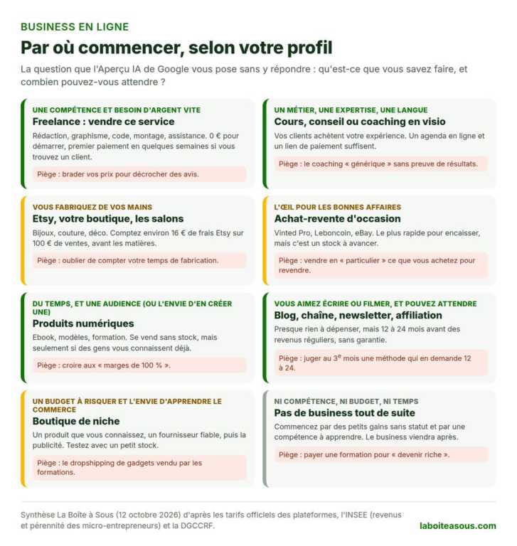 Quel business en ligne choisir selon votre profil : freelance, cours en visio, créations sur Etsy, achat-revente, produits numériques, blog et affiliation, boutique de niche, avec le piège principal de chaque modèle