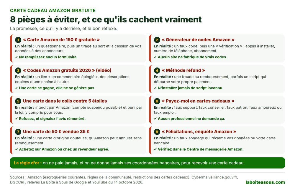 Carte cadeau Amazon gratuite : les 8 pièges à éviter, avec la promesse et ce qu’elle cache. Carte de 150 euros contre un questionnaire, générateur de codes, vidéo de codes gratuits, script refund, carte dans le colis contre un avis 5 étoiles, paiement par carte cadeau, carte à prix cassé et fausse enquête Amazon