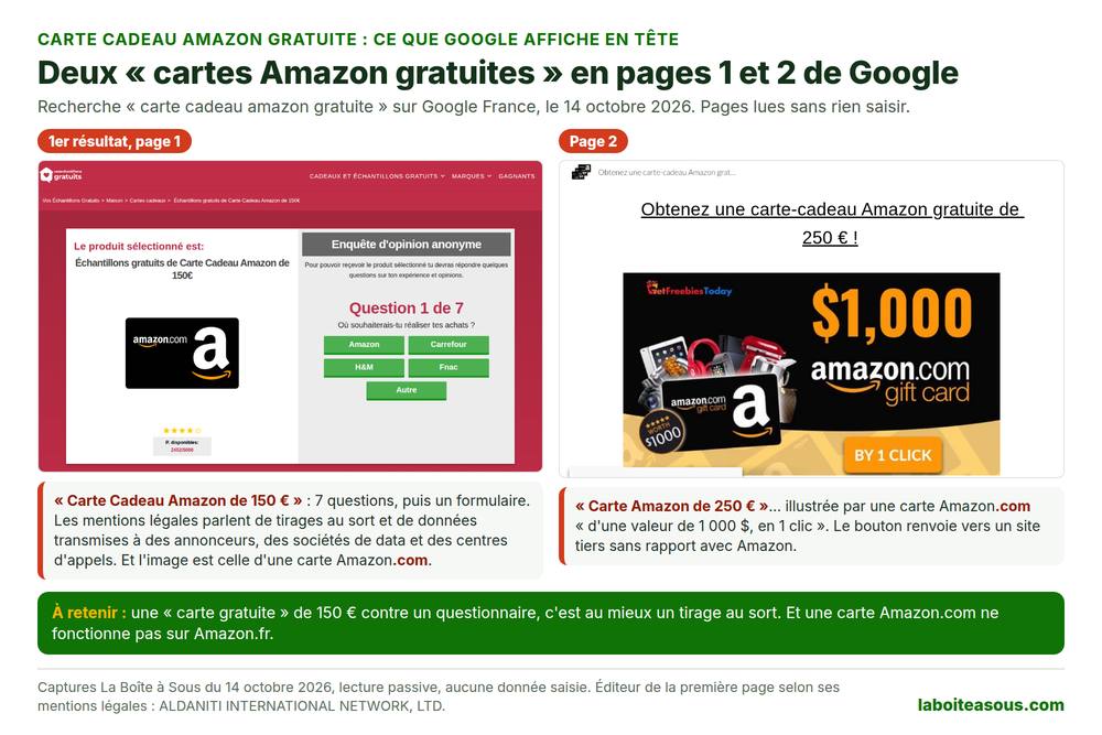 Deux pages de carte cadeau Amazon gratuite trouvées en page 1 et 2 de Google : une carte de 150 euros contre un questionnaire, dont l’éditeur dit transmettre les données à des annonceurs et centres d’appels, et une carte de 250 euros illustrée par une carte Amazon.com de 1 000 dollars