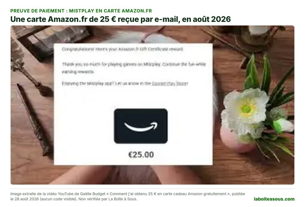 Preuve de paiement Mistplay : e-mail de récompense d’une carte cadeau Amazon.fr de 25 euros