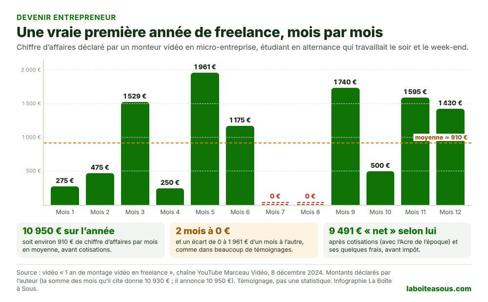 Première année d’un freelance en micro-entreprise, chiffre d’affaires mois par mois : 275, 475, 1 529, 250, 1 961, 1 175, 0, 0, 1 740, 500, 1 595 et 1 430 euros, soit 10 950 euros sur l’année selon l’auteur et deux mois sans aucun revenu