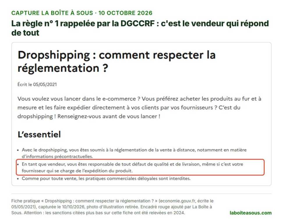 Capture de la fiche de la DGCCRF sur le dropshipping : en tant que vendeur, vous êtes responsable de tout défaut de qualité et de livraison, même si c’est votre fournisseur qui se charge de l’expédition du produit