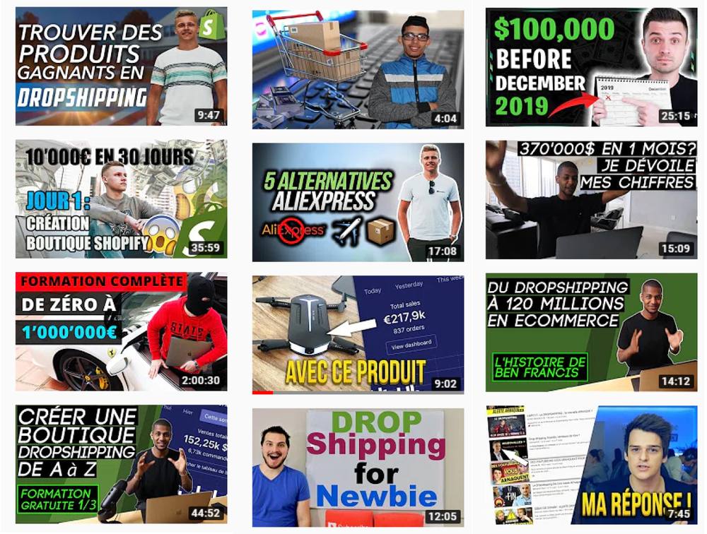 Miniatures de vidéos YouTube de formation au dropshipping qui promettent 10 000 euros en 30 jours, 100 000 dollars avant décembre 2019, une formation complète de zéro à un million d’euros et des tableaux de bord de ventes