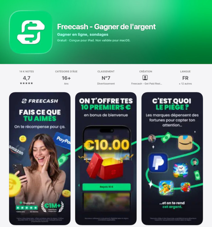 Fiche App Store France de Freecash en septembre 2026 : note de 4,7 sur 5, 16 ans et plus, n°7 en Divertissement