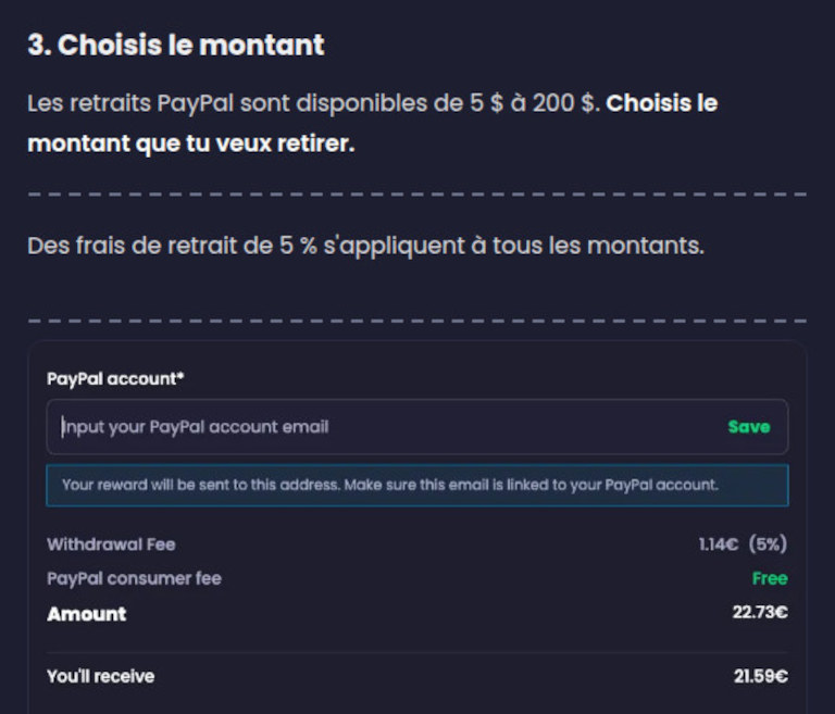 Centre d'aide Freecash indiquant des frais de retrait de 5 % sur PayPal, avec un exemple de formulaire de retrait