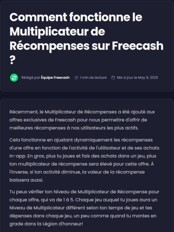Article du centre d'aide Freecash expliquant que le multiplicateur de récompenses augmente avec le temps de jeu et les achats in-app