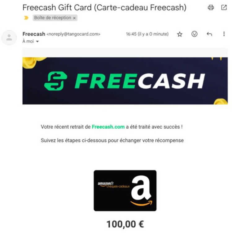 E-mail Freecash envoyé par Tango Card confirmant un retrait en carte cadeau Amazon.fr de 100 euros