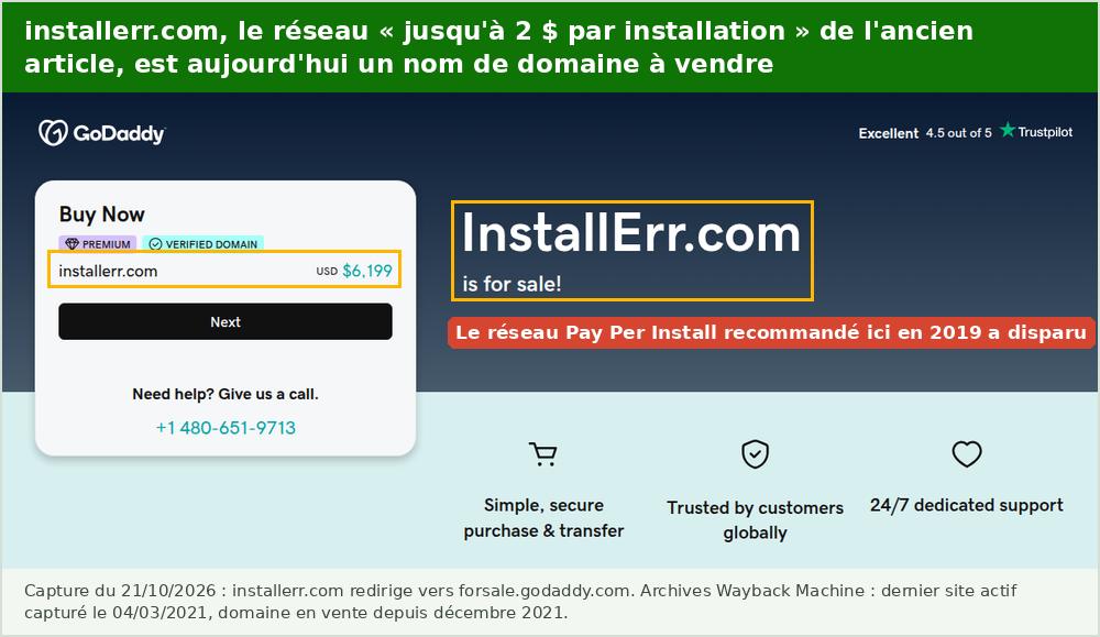 Pay Per Install : le domaine installerr.com, réseau qui promettait jusqu’à 2 dollars par installation, est à vendre en 2026
