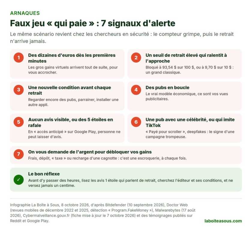 Infographie : 7 signaux d’alerte d’un faux jeu pour gagner de l’argent en jouant. Gains énormes immédiats, seuil de retrait qui ralentit, nouvelle condition avant chaque retrait, pubs en boucle, aucun avis visible, pub avec célébrité ou imitant TikTok, argent demandé pour débloquer les gains