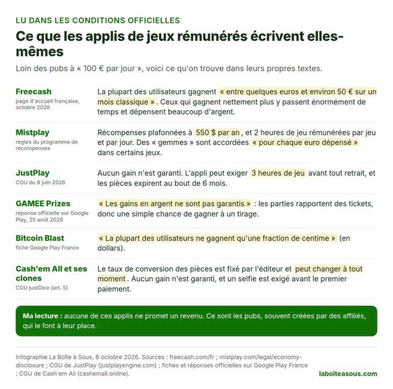 Infographie : ce que les applis pour gagner de l’argent en jouant écrivent dans leurs conditions. Freecash, quelques euros à 50 euros par mois. Mistplay, 550 dollars par an au maximum. JustPlay, aucun gain garanti. GAMEE, gains non garantis. Bitcoin Blast, une fraction de centime