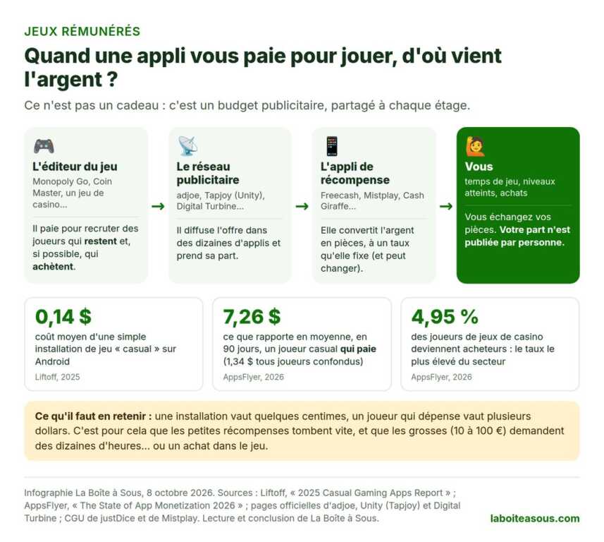 Infographie : quand une appli vous paie pour gagner de l’argent en jouant, l’argent vient de l’éditeur du jeu, passe par un réseau publicitaire puis par l’appli de récompense avant d’arriver au joueur. Une installation coûte 0,14 dollar, un joueur payant rapporte 7,26 dollars en 90 jours
