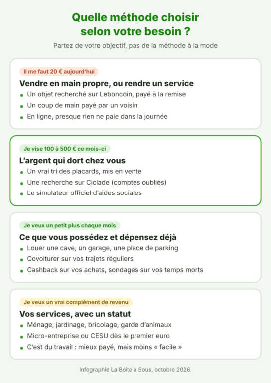 Quelle méthode choisir pour gagner de l'argent facilement selon son besoin : 20 euros aujourd'hui en vendant en main propre, 100 à 500 euros ce mois-ci avec l'argent qui dort chez soi, un petit plus chaque mois avec la location, le covoiturage, le cashback et les sondages, un vrai complément de revenu avec les services