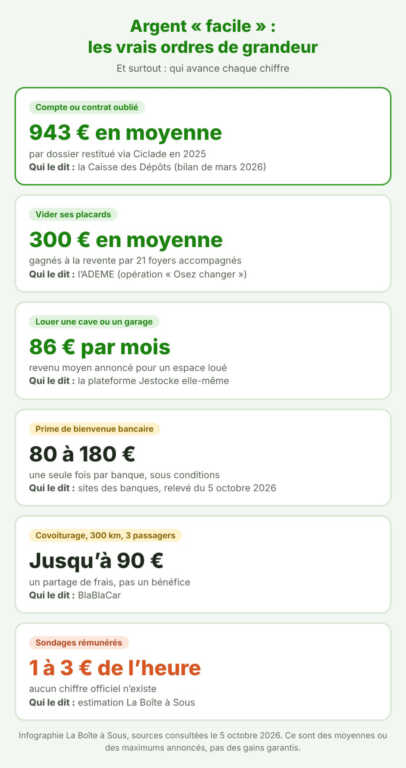 Les vrais ordres de grandeur pour gagner de l'argent facilement : 943 euros en moyenne par dossier Ciclade, 300 euros en vendant ses objets selon l'ADEME, 86 euros par mois pour une cave louée selon Jestocke, 80 à 180 euros de prime bancaire, jusqu'à 90 euros en covoiturage selon BlaBlaCar, 1 à 3 euros de l'heure avec les sondages