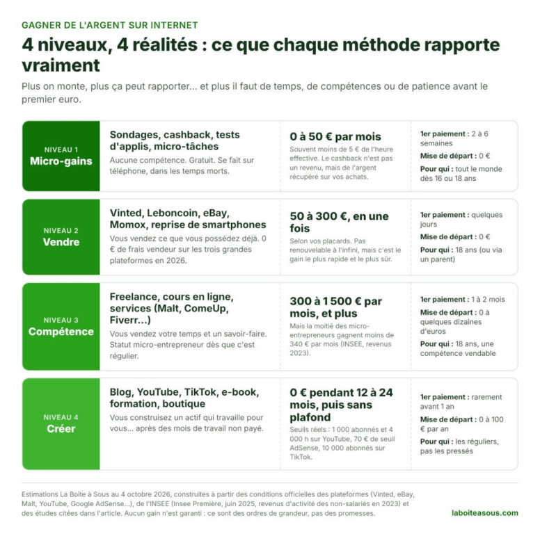 Infographie : les 4 niveaux pour gagner de l'argent sur internet, micro-gains de 0 à 50 € par mois, vente de 50 à 300 €, compétence de 300 à 1 500 € par mois, création sans plafond mais 12 à 24 mois sans revenu