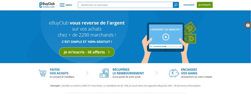 Gagner de l’argent sur PayPal avec le cashback eBuyClub : page d’accueil, eBuyClub vous reverse de l’argent sur vos achats