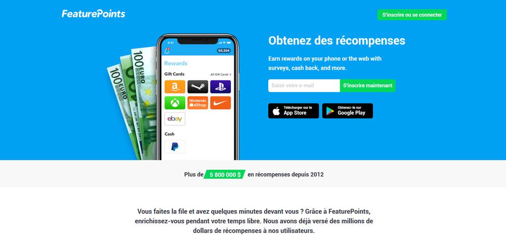 Gagner de l’argent PayPal avec FeaturePoints : page d’accueil Obtenez des récompenses avec cartes cadeaux et PayPal