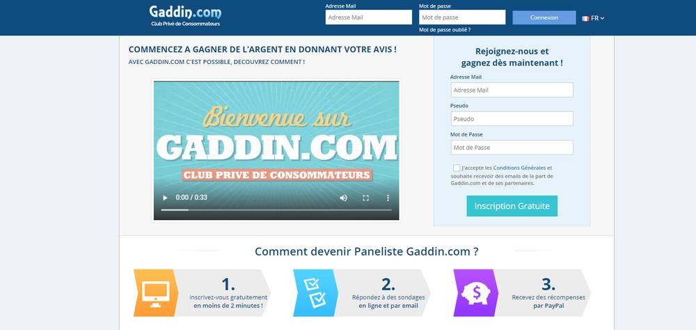 Ancienne page d’accueil de Gaddin, club de consommateurs qui payait les sondages sur PayPal, aujourd’hui fermé