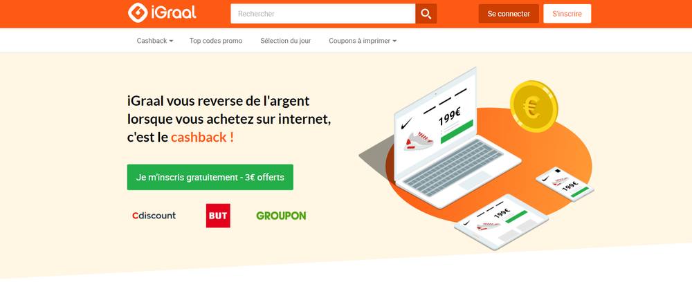 Ancienne page d’accueil d’iGraal, site de cashback dont le retrait PayPal est temporairement indisponible