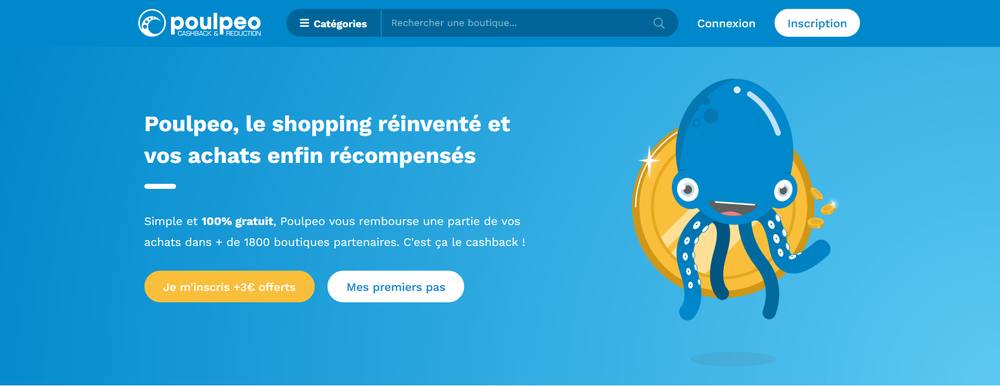 Ancienne page d’accueil de Poulpeo, site de cashback qui rembourse par virement bancaire