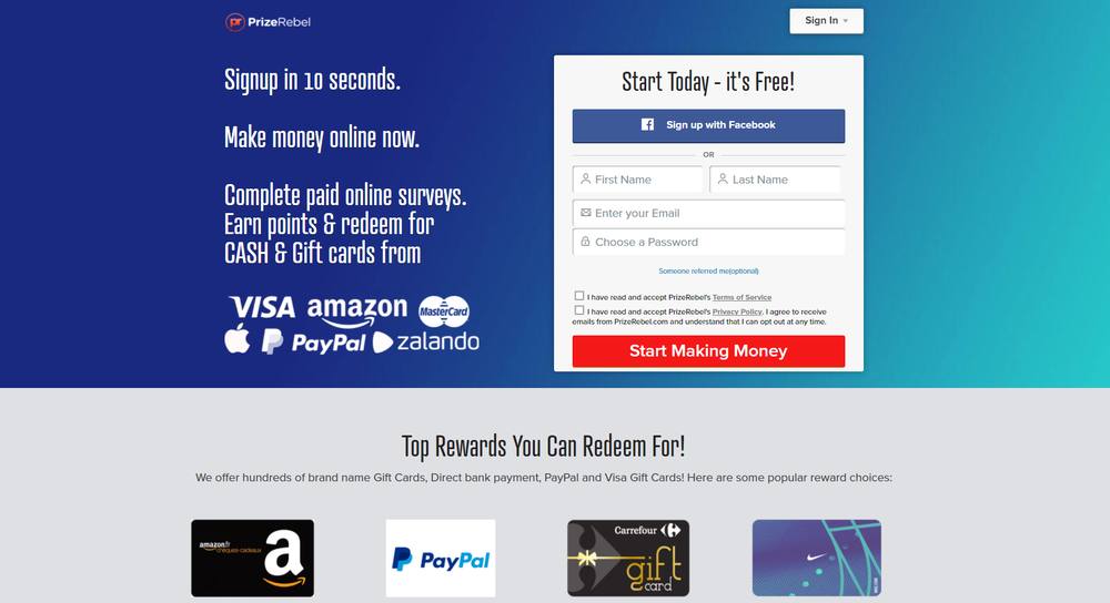 PrizeRebel, site de sondages rémunérés qui liste PayPal parmi ses récompenses