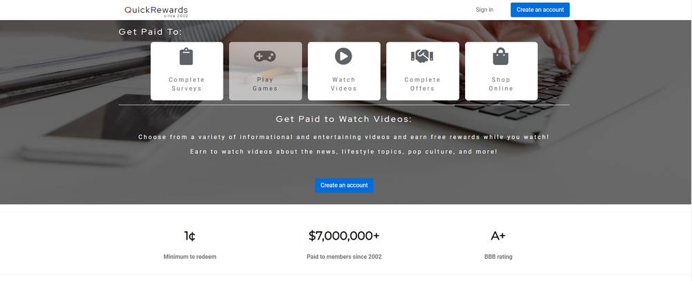 Ancienne page de Quick Rewards, site de microtâches rémunérées aujourd’hui réservé aux États-Unis et au Canada